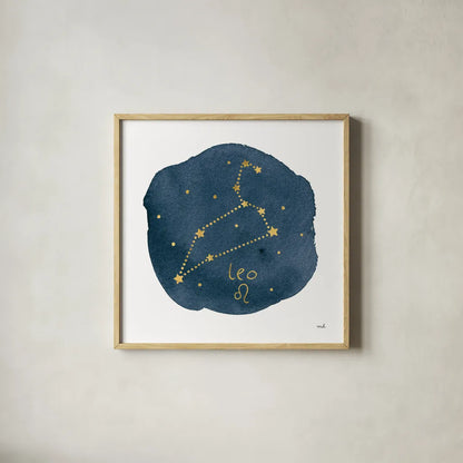 Horoscope Leo by Moira Hershey. Shown in a natural wood glass frame for a timeless modern aesthetic. Available as an archival giclee rolled canvas, fine art paper, or poster print. SKU 48903a.
