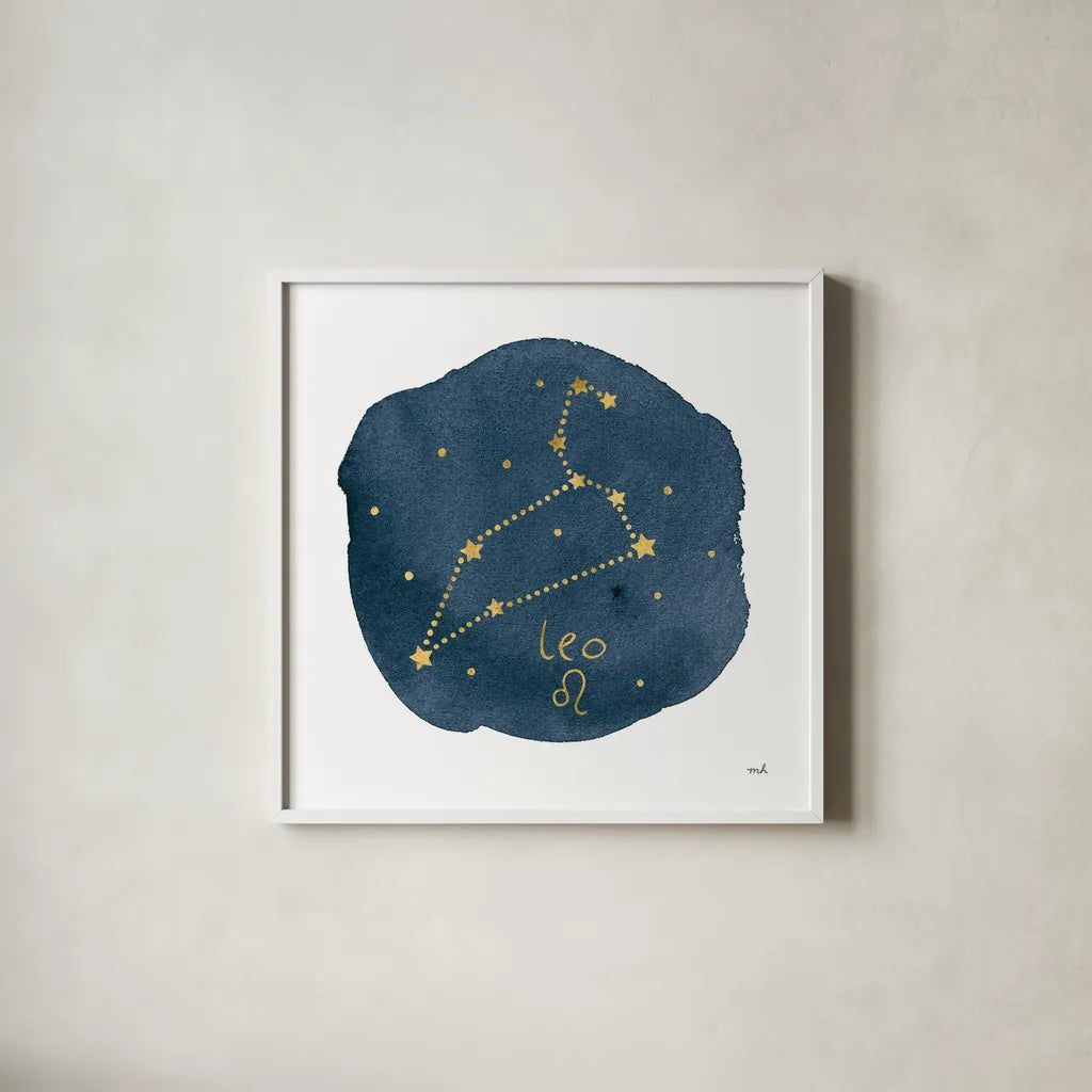 Horoscope Leo by Moira Hershey. Shown in a crisp white glass frame for a clean and minimalist style. Available as an archival giclee rolled canvas, fine art paper, or poster print. SKU 48903a.