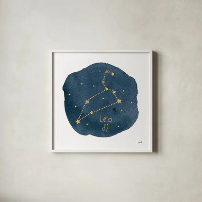 Horoscope Leo by Moira Hershey. Shown in a crisp white glass frame for a clean and minimalist style. Available as an archival giclee rolled canvas, fine art paper, or poster print. SKU 48903a.