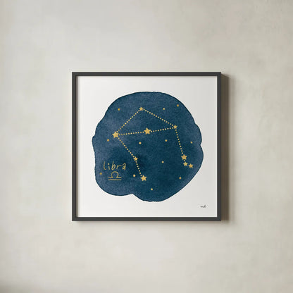 Horoscope Libra by Moira Hershey. Shown in a sleek black glass frame for a contemporary gallery look. Available as an archival giclee rolled canvas, fine art paper, or poster print. SKU 48904a.