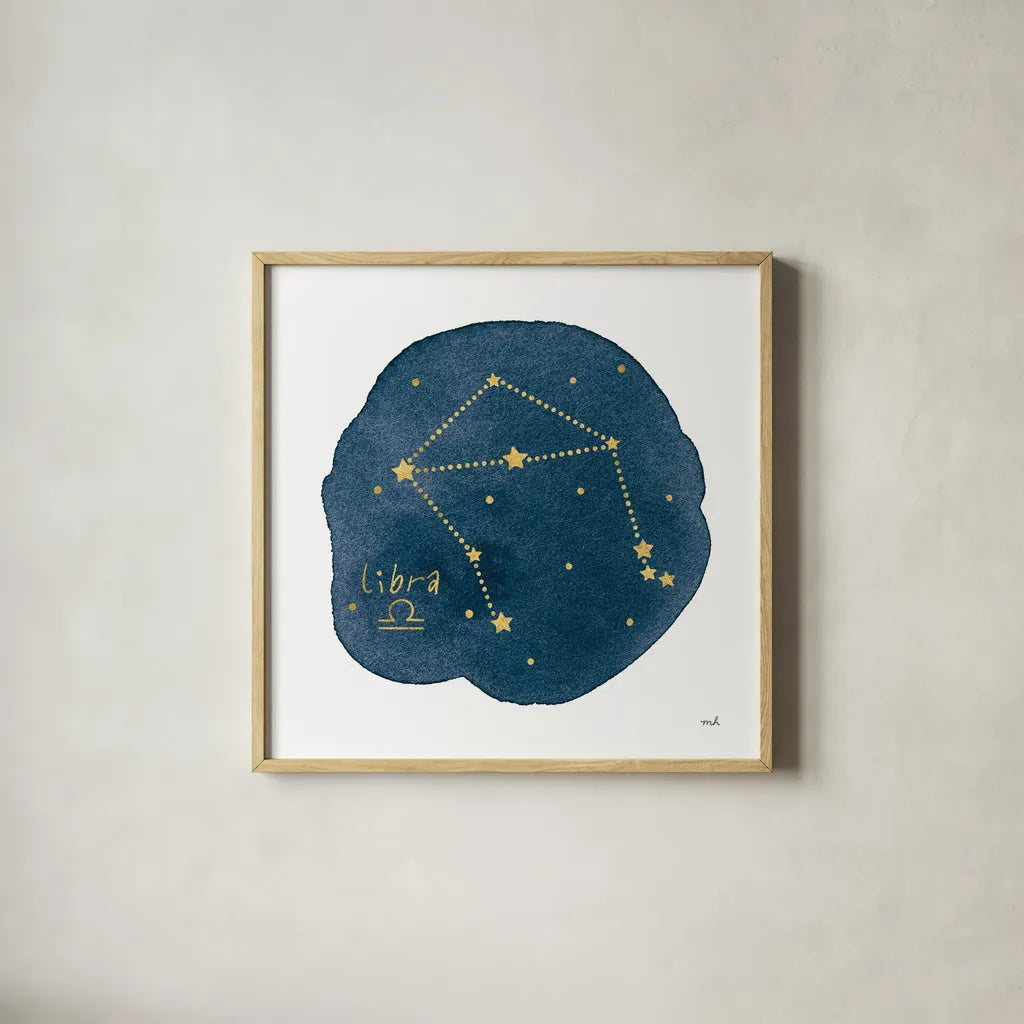Horoscope Libra by Moira Hershey. Shown in a natural wood glass frame for a timeless modern aesthetic. Available as an archival giclee rolled canvas, fine art paper, or poster print. SKU 48904a.