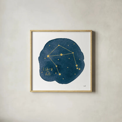 Horoscope Libra by Moira Hershey. Shown in a natural wood glass frame for a timeless modern aesthetic. Available as an archival giclee rolled canvas, fine art paper, or poster print. SKU 48904a.