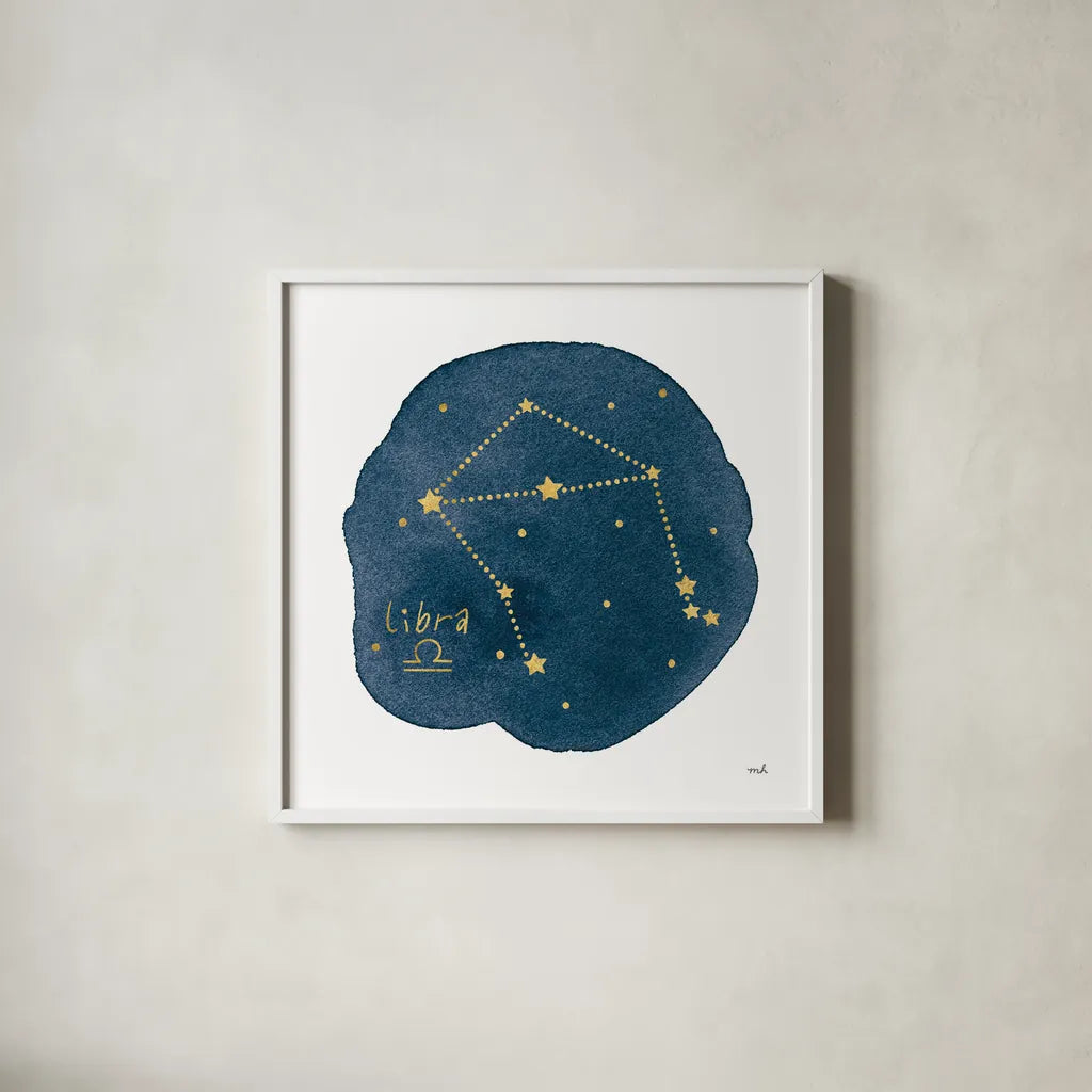 Horoscope Libra by Moira Hershey. Shown in a crisp white glass frame for a clean and minimalist style. Available as an archival giclee rolled canvas, fine art paper, or poster print. SKU 48904a.