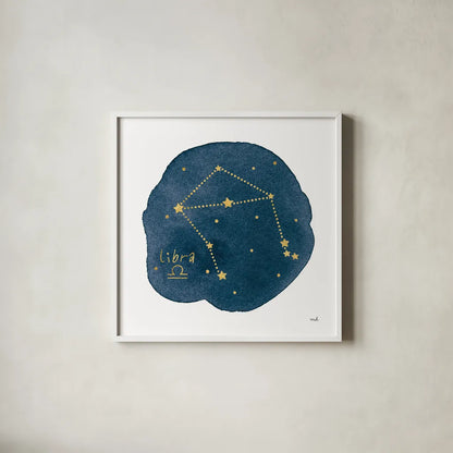 Horoscope Libra by Moira Hershey. Shown in a crisp white glass frame for a clean and minimalist style. Available as an archival giclee rolled canvas, fine art paper, or poster print. SKU 48904a.