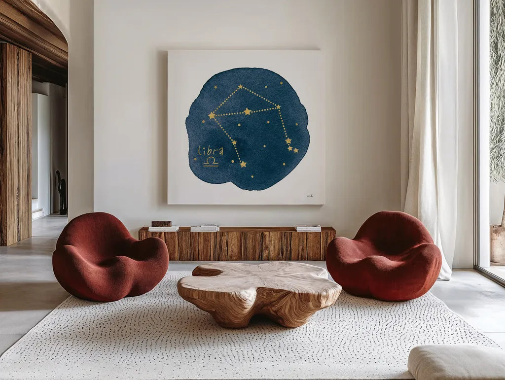 Horoscope Libra by Moira Hershey. Shown as extra-large giant wall art in a modern living room. Available as an archival giclee rolled canvas, fine art paper, or poster print. SKU 48904a.