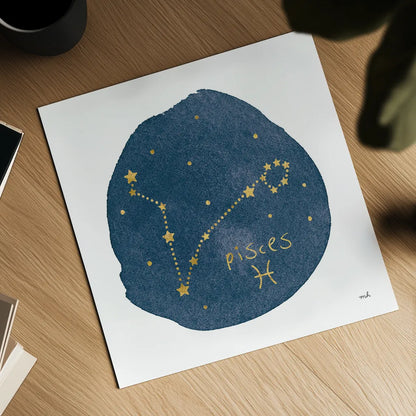 Horoscope Pisces by Moira Hershey. Shown as a detailed flat fine art print, highlighting archival giclee quality. Available as an archival giclee rolled canvas, fine art paper, or poster print. SKU 48905a.