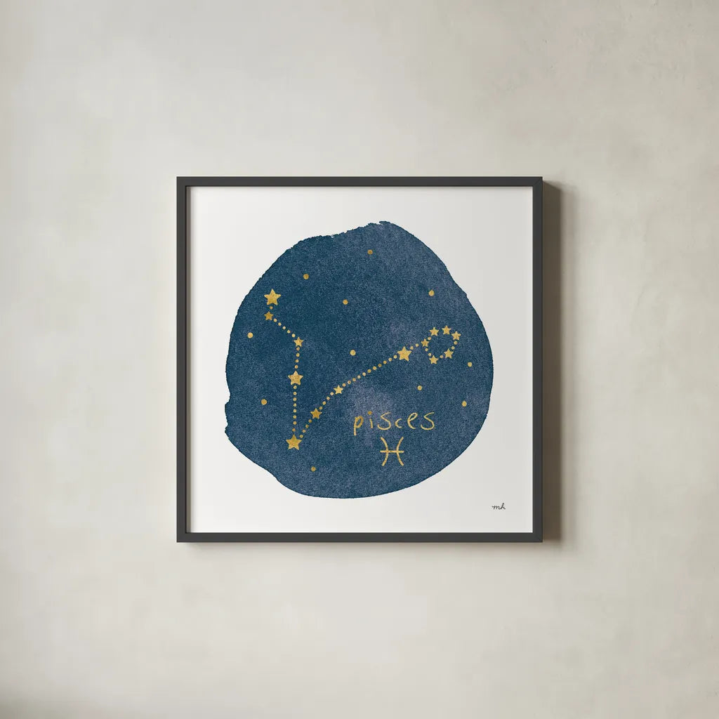 Horoscope Pisces by Moira Hershey. Shown in a sleek black glass frame for a contemporary gallery look. Available as an archival giclee rolled canvas, fine art paper, or poster print. SKU 48905a.