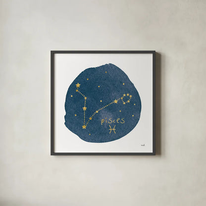 Horoscope Pisces by Moira Hershey. Shown in a sleek black glass frame for a contemporary gallery look. Available as an archival giclee rolled canvas, fine art paper, or poster print. SKU 48905a.