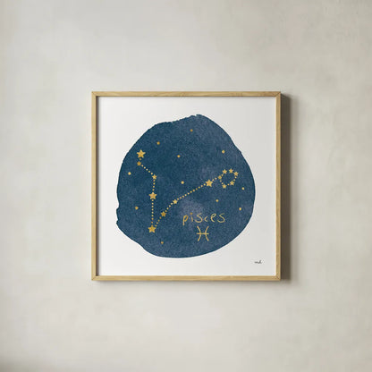 Horoscope Pisces by Moira Hershey. Shown in a natural wood glass frame for a timeless modern aesthetic. Available as an archival giclee rolled canvas, fine art paper, or poster print. SKU 48905a.