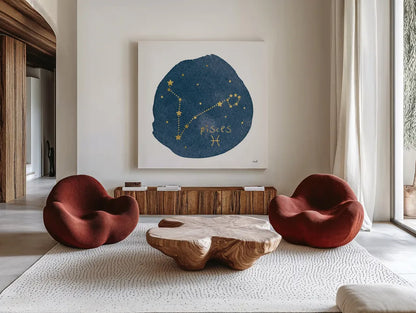 Horoscope Pisces by Moira Hershey. Shown as extra-large giant wall art in a modern living room. Available as an archival giclee rolled canvas, fine art paper, or poster print. SKU 48905a.