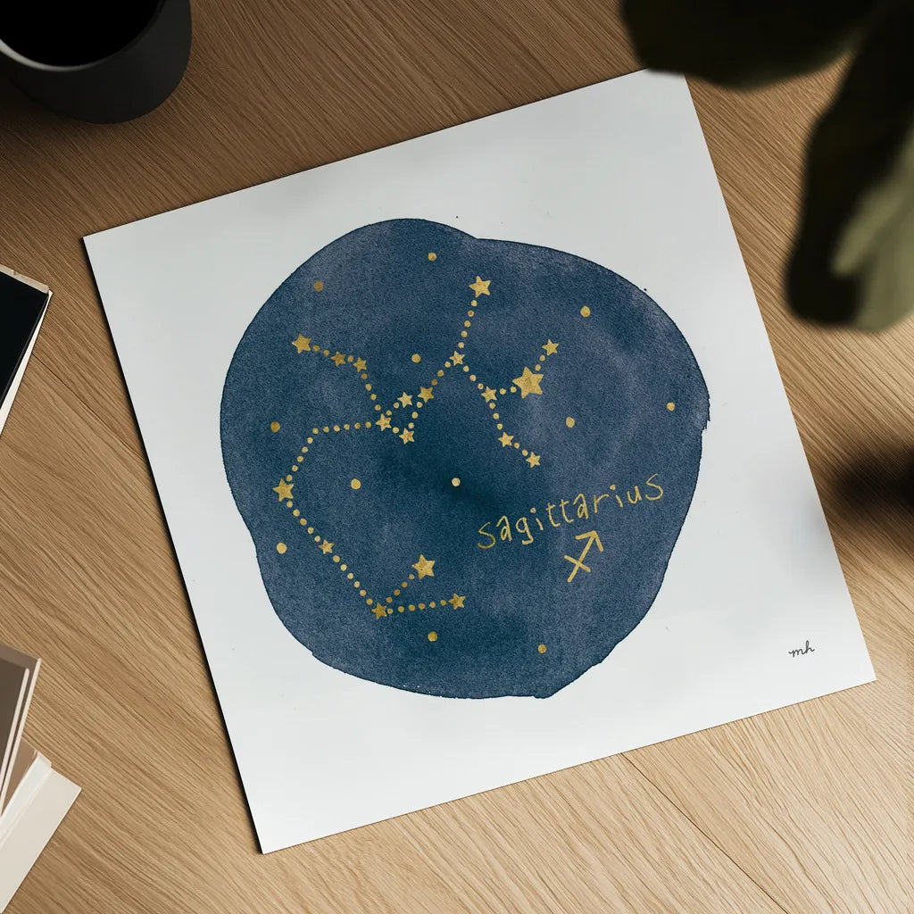 Horoscope Sagittarius by Moira Hershey. Shown as a detailed flat fine art print, highlighting archival giclee quality. Available as an archival giclee rolled canvas, fine art paper, or poster print. SKU 48906a.