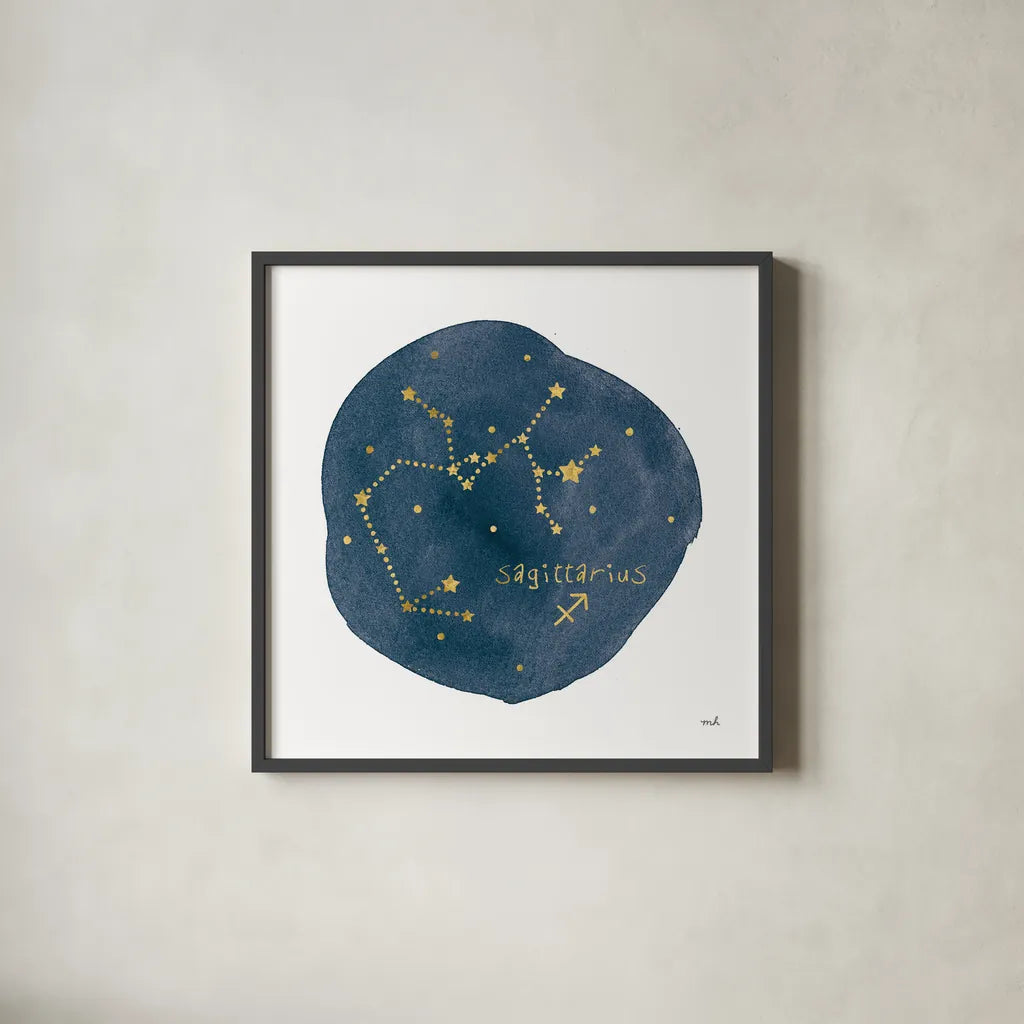 Horoscope Sagittarius by Moira Hershey. Shown in a sleek black glass frame for a contemporary gallery look. Available as an archival giclee rolled canvas, fine art paper, or poster print. SKU 48906a.