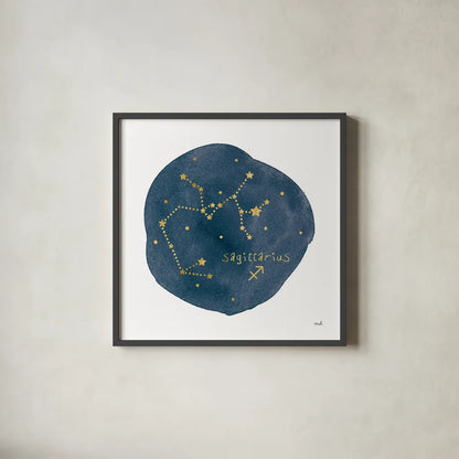 Horoscope Sagittarius by Moira Hershey. Shown in a sleek black glass frame for a contemporary gallery look. Available as an archival giclee rolled canvas, fine art paper, or poster print. SKU 48906a.