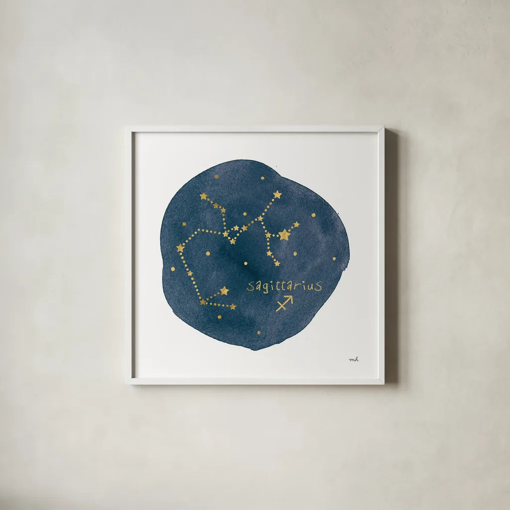 Horoscope Sagittarius by Moira Hershey. Shown in a crisp white glass frame for a clean and minimalist style. Available as an archival giclee rolled canvas, fine art paper, or poster print. SKU 48906a.