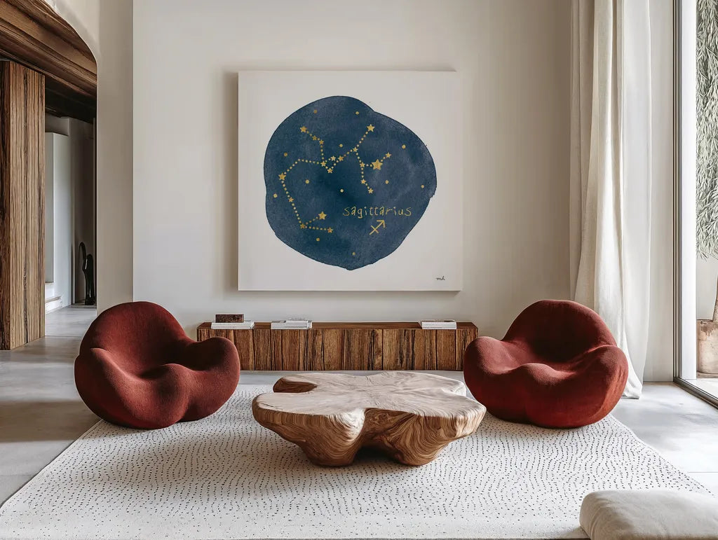 Horoscope Sagittarius by Moira Hershey. Shown as extra-large giant wall art in a modern living room. Available as an archival giclee rolled canvas, fine art paper, or poster print. SKU 48906a.
