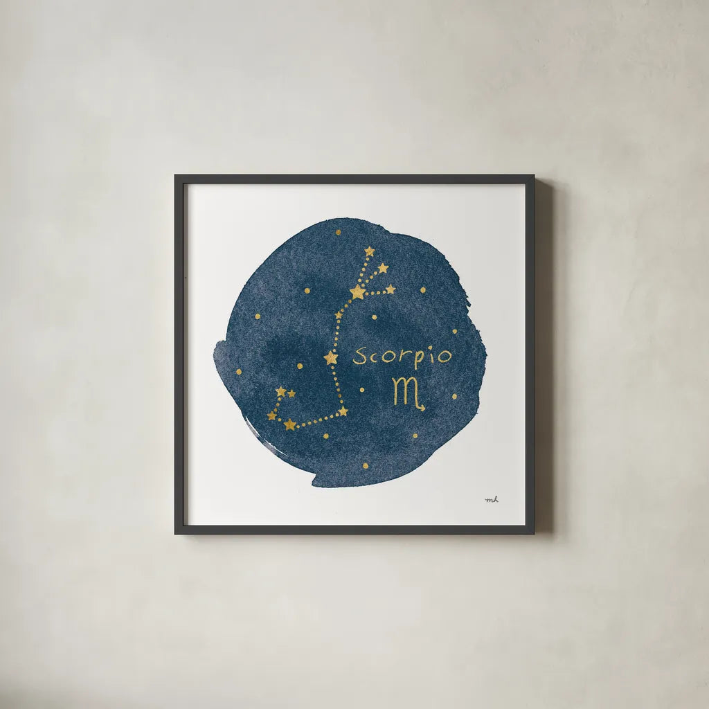Horoscope Scorpio by Moira Hershey. Shown in a sleek black glass frame for a contemporary gallery look. Available as an archival giclee rolled canvas, fine art paper, or poster print. SKU 48907a.