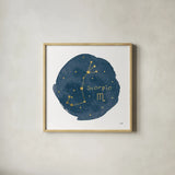 Horoscope Scorpio by Moira Hershey. Shown in a natural wood glass frame for a timeless modern aesthetic. Available as an archival giclee rolled canvas, fine art paper, or poster print. SKU 48907a.
