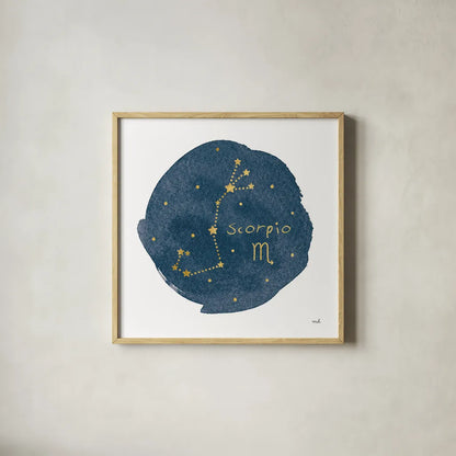 Horoscope Scorpio by Moira Hershey. Shown in a natural wood glass frame for a timeless modern aesthetic. Available as an archival giclee rolled canvas, fine art paper, or poster print. SKU 48907a.