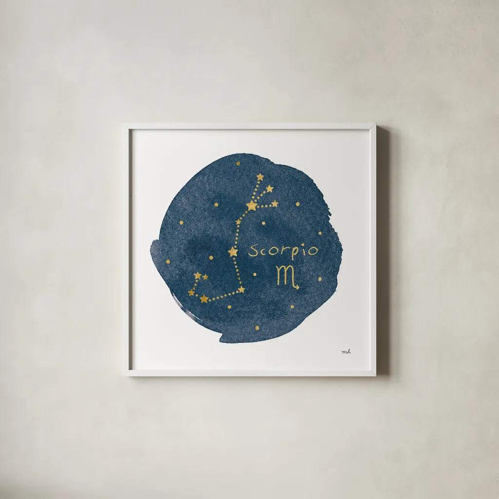 Horoscope Scorpio by Moira Hershey. Shown in a crisp white glass frame for a clean and minimalist style. Available as an archival giclee rolled canvas, fine art paper, or poster print. SKU 48907a.