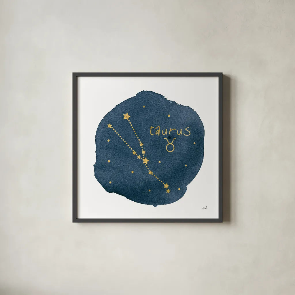 Horoscope Taurus by Moira Hershey. Shown in a sleek black glass frame for a contemporary gallery look. Available as an archival giclee rolled canvas, fine art paper, or poster print. SKU 48908a.