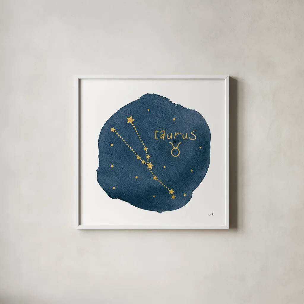 Horoscope Taurus by Moira Hershey. Shown in a crisp white glass frame for a clean and minimalist style. Available as an archival giclee rolled canvas, fine art paper, or poster print. SKU 48908a.