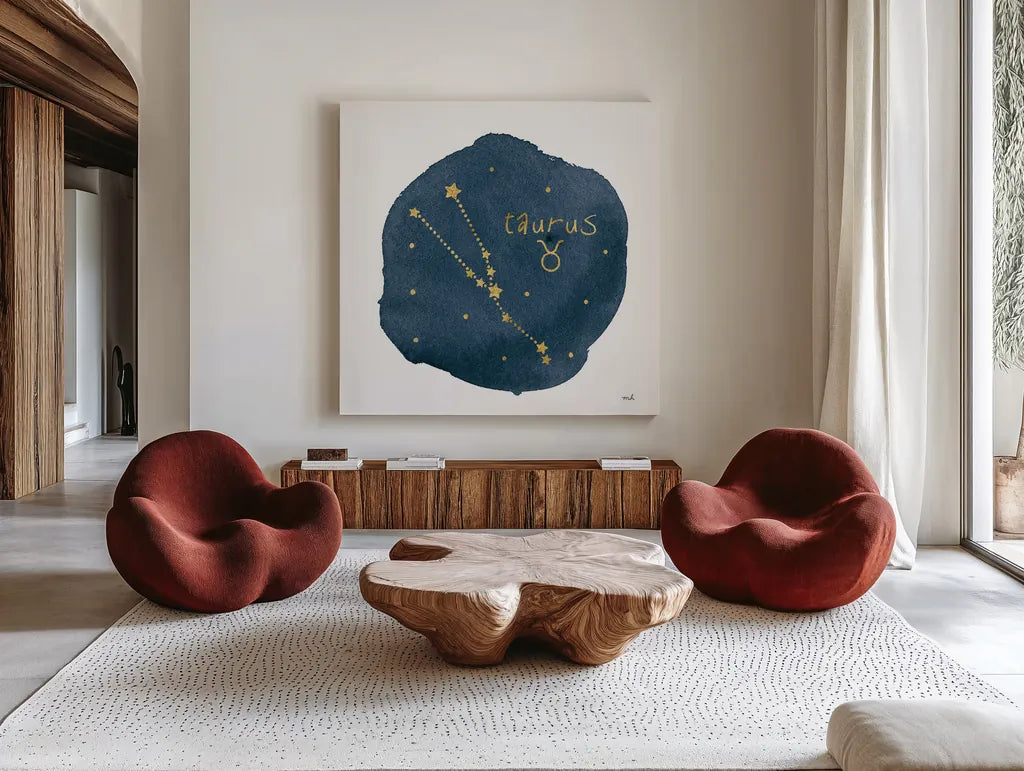 Horoscope Taurus by Moira Hershey. Shown as extra-large giant wall art in a modern living room. Available as an archival giclee rolled canvas, fine art paper, or poster print. SKU 48908a.
