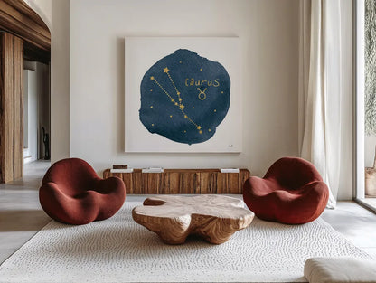 Horoscope Taurus by Moira Hershey. Shown as extra-large giant wall art in a modern living room. Available as an archival giclee rolled canvas, fine art paper, or poster print. SKU 48908a.
