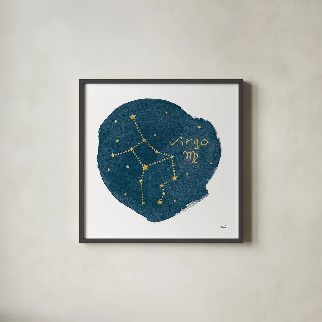 Horoscope Virgo by Moira Hershey. Shown in a sleek black glass frame for a contemporary gallery look. Available as an archival giclee rolled canvas, fine art paper, or poster print. SKU 48909a.