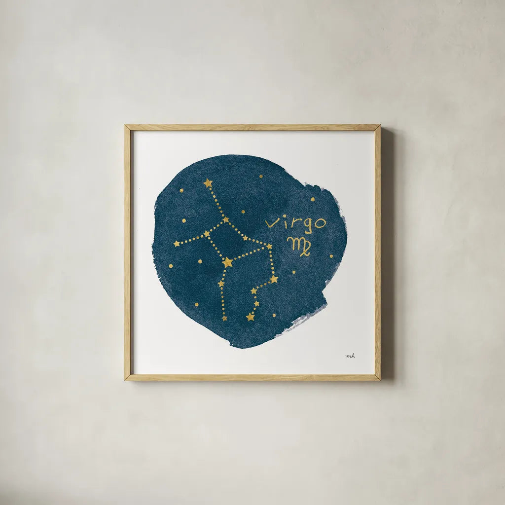 Horoscope Virgo by Moira Hershey. Shown in a natural wood glass frame for a timeless modern aesthetic. Available as an archival giclee rolled canvas, fine art paper, or poster print. SKU 48909a.