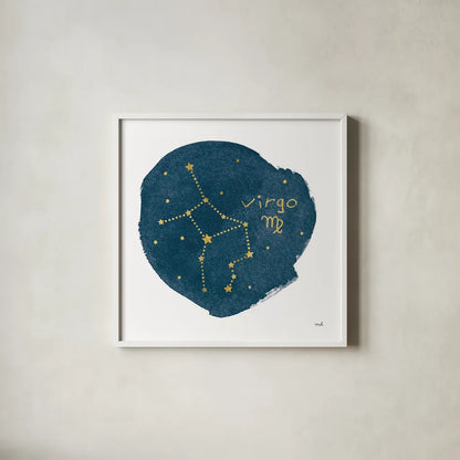 Horoscope Virgo by Moira Hershey. Shown in a crisp white glass frame for a clean and minimalist style. Available as an archival giclee rolled canvas, fine art paper, or poster print. SKU 48909a.