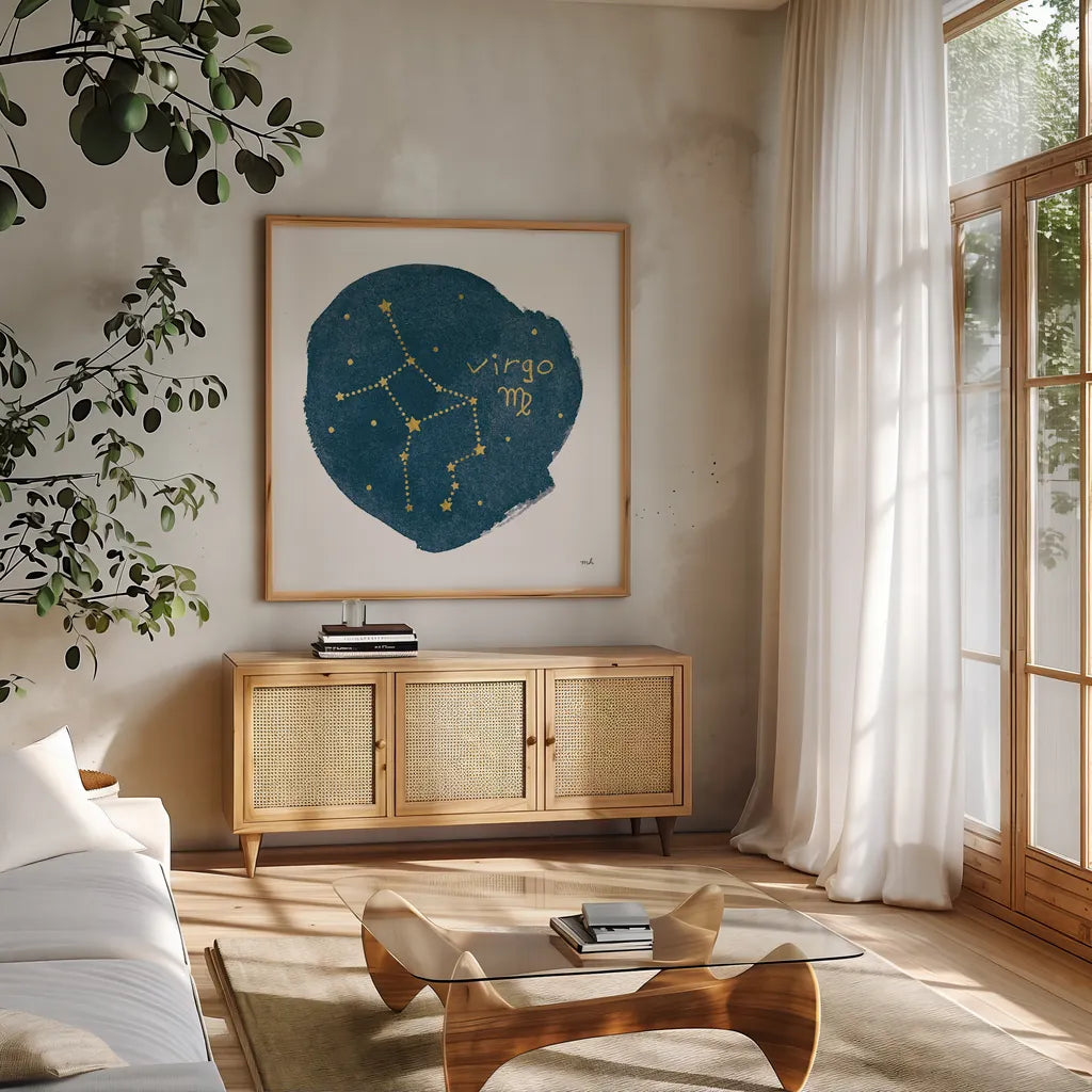 Horoscope Virgo by Moira Hershey. Shown in a natural wood frame in a cozy modern living room. Available as an archival giclee rolled canvas, fine art paper, or poster print. SKU 48909a.