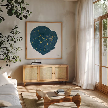 Horoscope Virgo by Moira Hershey. Shown in a natural wood frame in a cozy modern living room. Available as an archival giclee rolled canvas, fine art paper, or poster print. SKU 48909a.