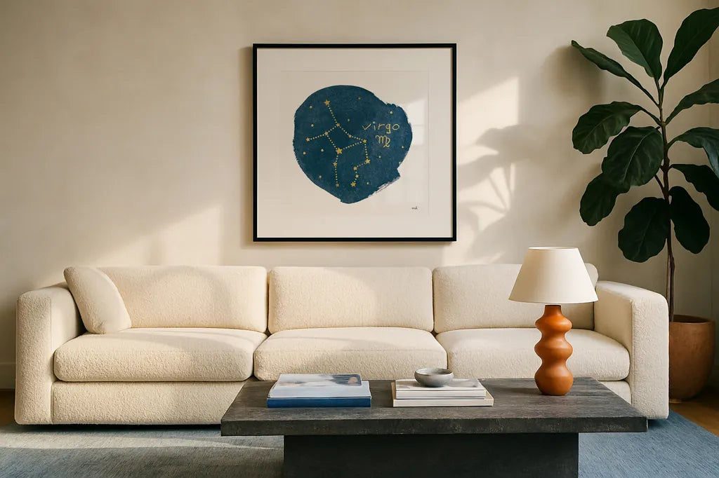 Horoscope Virgo by Moira Hershey. Displayed in a glass frame with matte in a clean modern living room. Available as an archival giclee rolled canvas, fine art paper, or poster print. SKU 48909a.