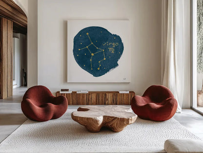 Horoscope Virgo by Moira Hershey. Shown as extra-large giant wall art in a modern living room. Available as an archival giclee rolled canvas, fine art paper, or poster print. SKU 48909a.