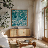 Hustle and Bustle II by Moira Hershey. Shown in a natural wood frame in a cozy modern living room. Available as an archival giclee rolled canvas, fine art paper, or poster print. SKU 38883a.