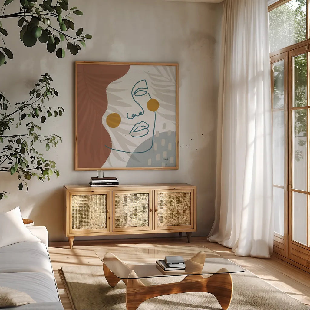 Island Breeze I by Moira Hershey. Shown in a natural wood frame in a cozy modern living room. Available as an archival giclee rolled canvas, fine art paper, or poster print. SKU 65306a.