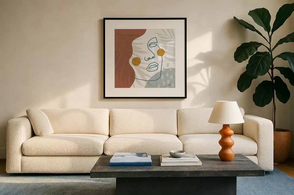 Island Breeze I by Moira Hershey. Displayed in a glass frame with matte in a clean modern living room. Available as an archival giclee rolled canvas, fine art paper, or poster print. SKU 65306a.
