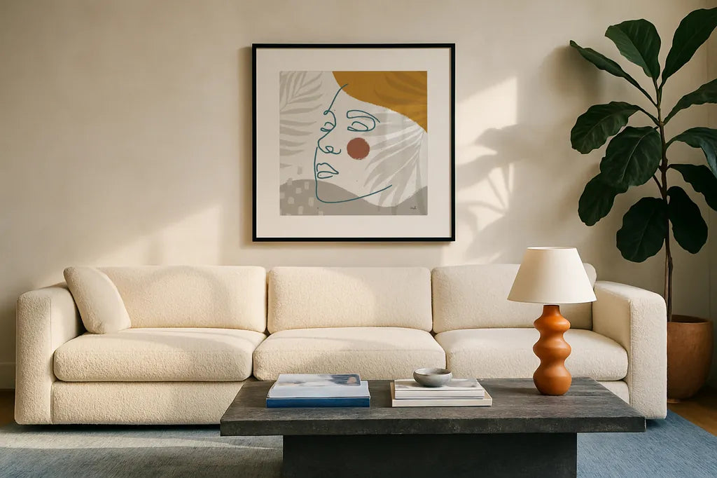 Island Breeze II by Moira Hershey. Displayed in a glass frame with matte in a clean modern living room. Available as an archival giclee rolled canvas, fine art paper, or poster print. SKU 65307a.