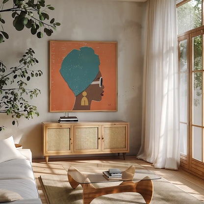 Kenya Couture I Bright by Moira Hershey. Shown in a natural wood frame in a cozy modern living room. Available as an archival giclee rolled canvas, fine art paper, or poster print. SKU 68243a.