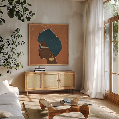 Kenya Couture II by Moira Hershey. Shown in a natural wood frame in a cozy modern living room. Available as an archival giclee rolled canvas, fine art paper, or poster print. SKU 62163a.