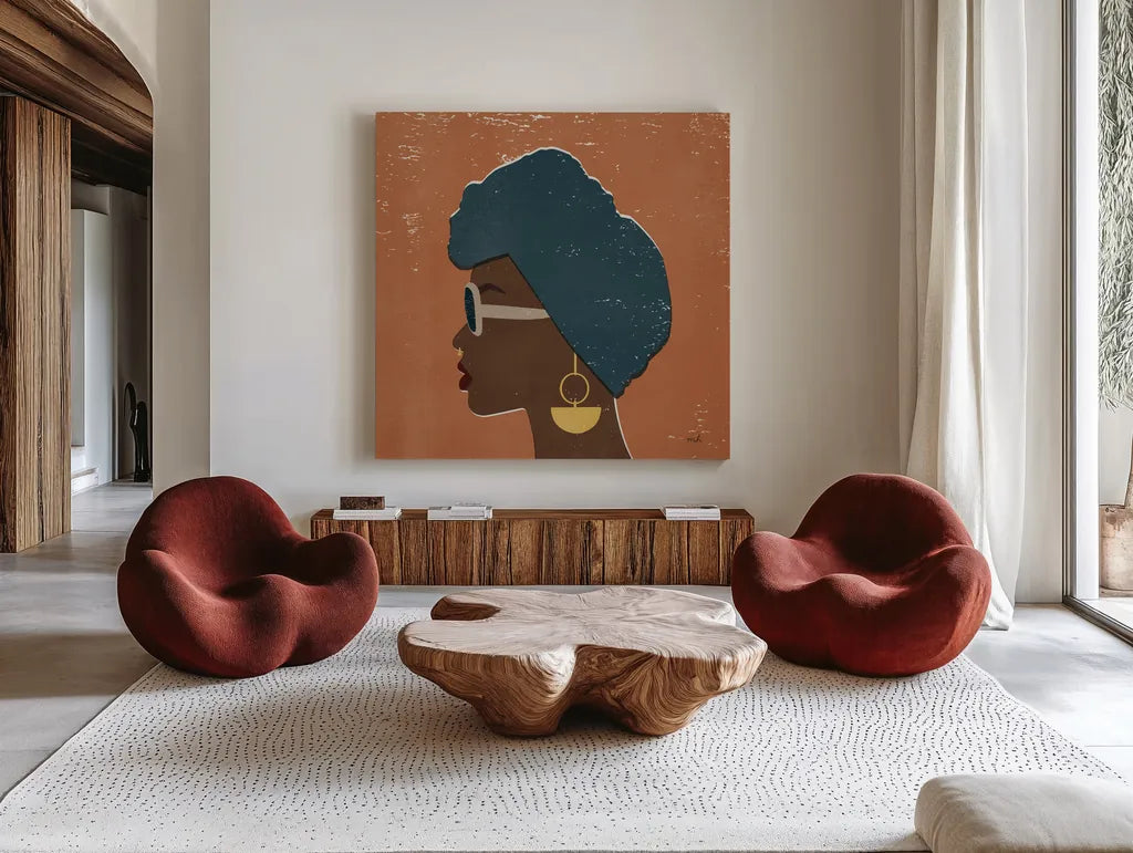 Kenya Couture II by Moira Hershey. Shown as extra-large giant wall art in a modern living room. Available as an archival giclee rolled canvas, fine art paper, or poster print. SKU 62163a.