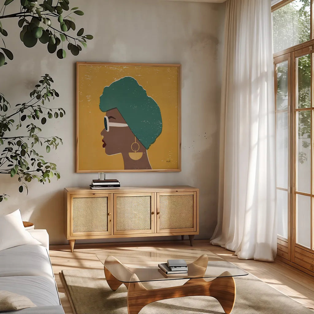 Kenya Couture II Bright by Moira Hershey. Shown in a natural wood frame in a cozy modern living room. Available as an archival giclee rolled canvas, fine art paper, or poster print. SKU 68244a.