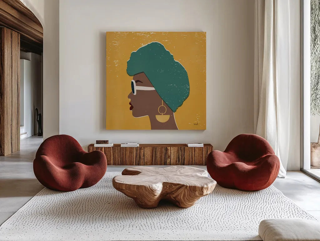 Kenya Couture II Bright by Moira Hershey. Shown as extra-large giant wall art in a modern living room. Available as an archival giclee rolled canvas, fine art paper, or poster print. SKU 68244a.