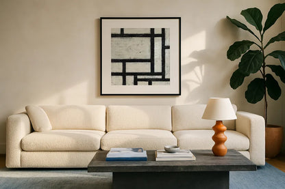 Labyrinth II by Moira Hershey. Displayed in a glass frame with matte in a clean modern living room. Available as an archival giclee rolled canvas, fine art paper, or poster print. SKU 34342a.