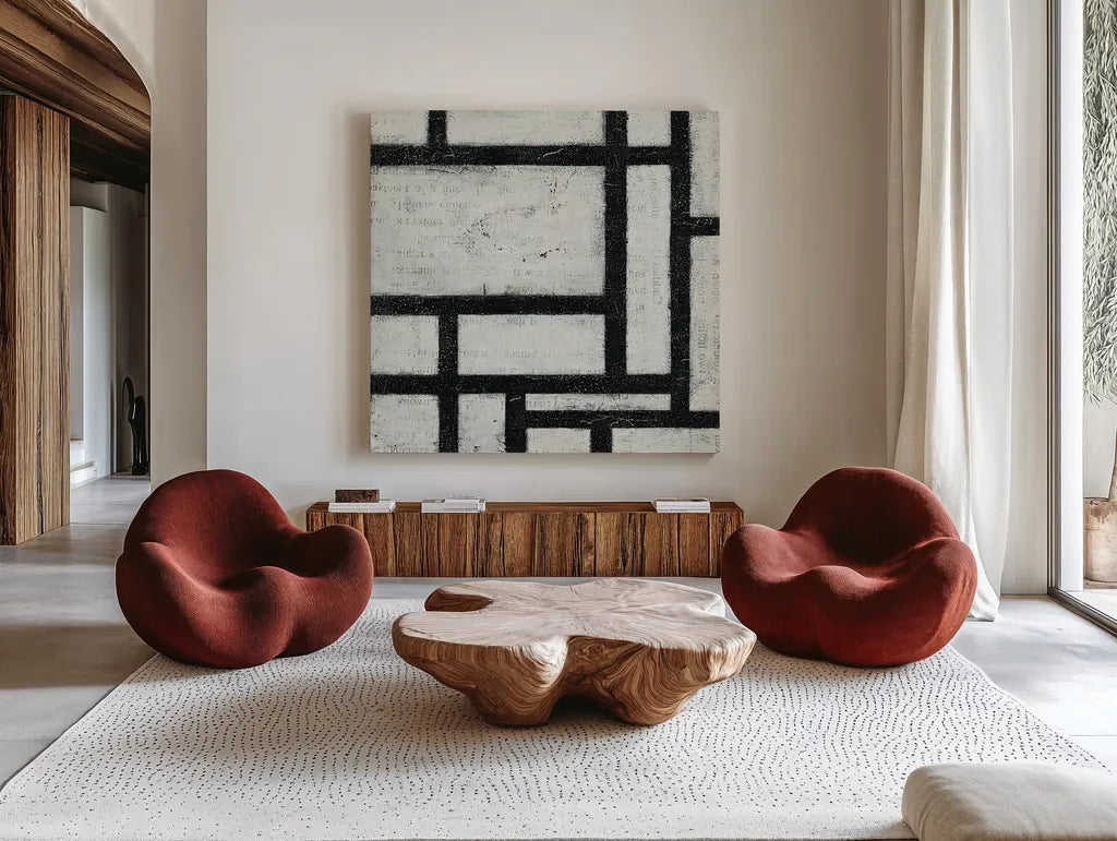 Labyrinth II by Moira Hershey. Shown as extra-large giant wall art in a modern living room. Available as an archival giclee rolled canvas, fine art paper, or poster print. SKU 34342a.