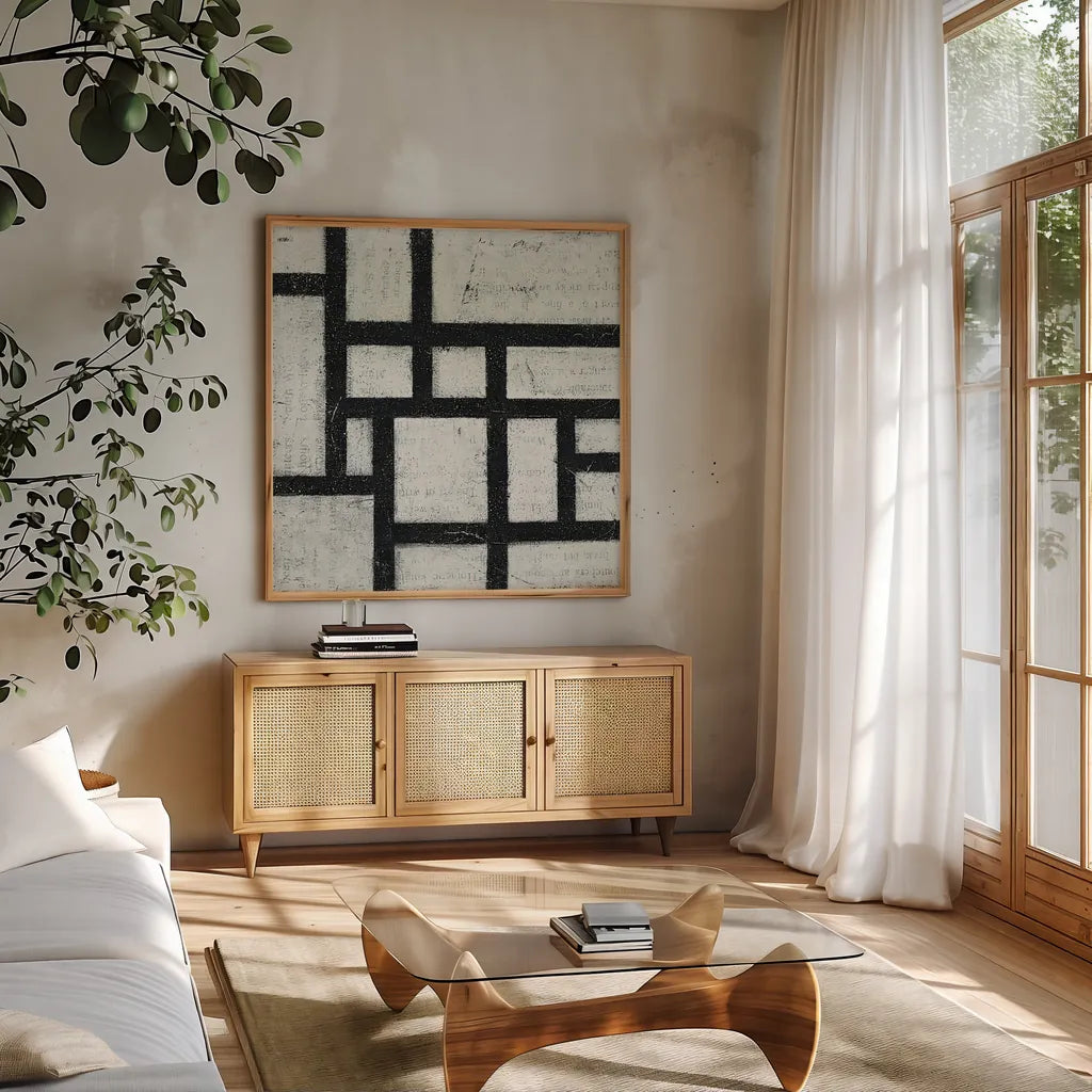 Labyrinth III by Moira Hershey. Shown in a natural wood frame in a cozy modern living room. Available as an archival giclee rolled canvas, fine art paper, or poster print. SKU 34343a.