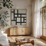Labyrinth III by Moira Hershey. Shown in a natural wood frame in a cozy modern living room. Available as an archival giclee rolled canvas, fine art paper, or poster print. SKU 34343a.