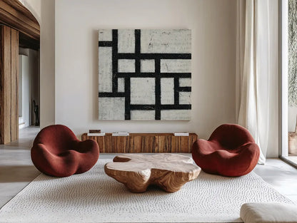 Labyrinth III by Moira Hershey. Shown as extra-large giant wall art in a modern living room. Available as an archival giclee rolled canvas, fine art paper, or poster print. SKU 34343a.