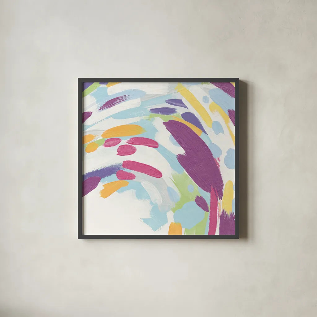 Laughter II Bright by Moira Hershey. Shown in a sleek black glass frame for a contemporary gallery look. Available as an archival giclee rolled canvas, fine art paper, or poster print. SKU 56828a.