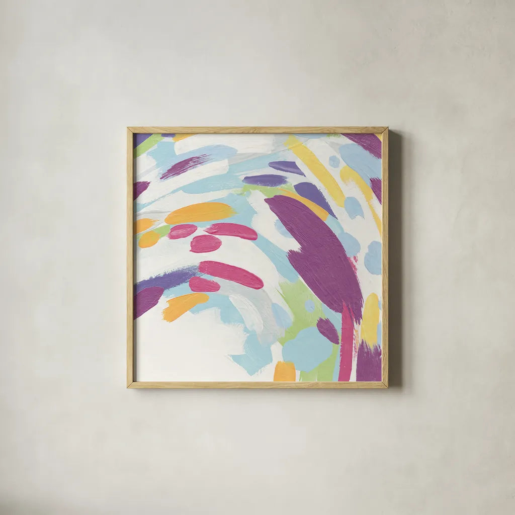 Laughter II Bright by Moira Hershey. Shown in a natural wood glass frame for a timeless modern aesthetic. Available as an archival giclee rolled canvas, fine art paper, or poster print. SKU 56828a.